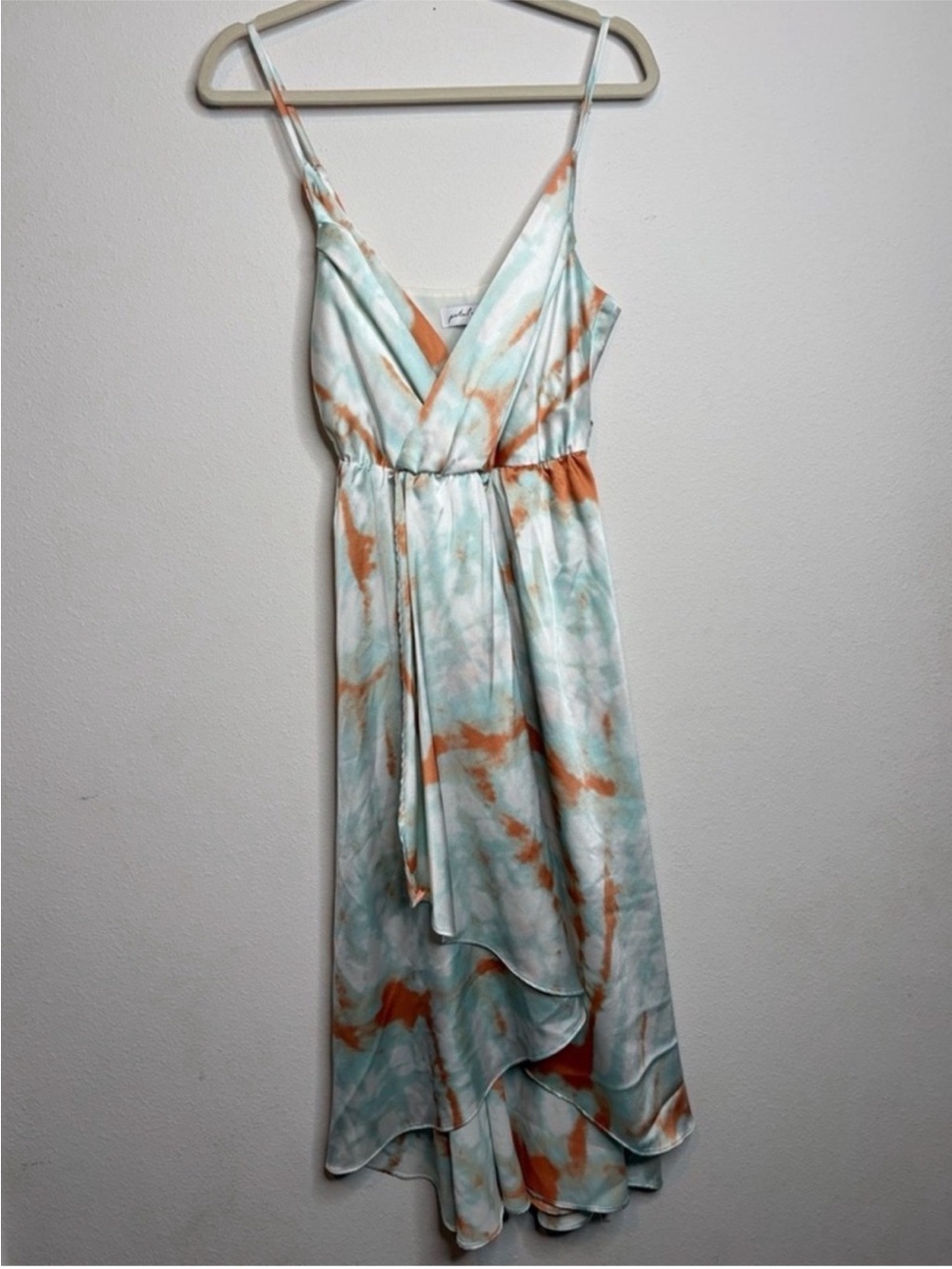 petal and pup Tie-Dye Spaghetti Strap Wrap Midi Dress - White, Aqua & Orange